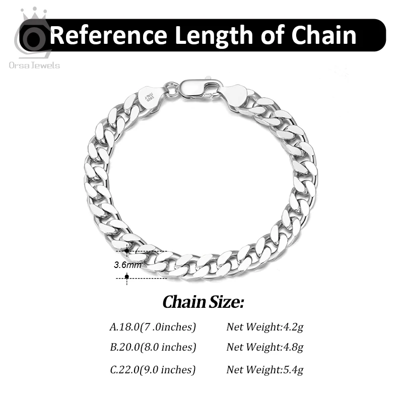 ORSA JEWELS Silver 925 Diamond-Cut Cuban Bracelet for Women Men 3.6/5/7mm Link Curb Chain Punk Cuban Bracelet Jewelry SB104