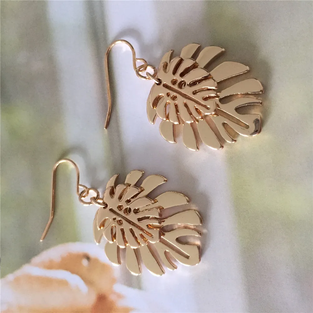 New Trend Gold Color Plating Monstera Leaf Overlap Drop Earrings For Women Girl Elegant Naturalism Casual  Jewelry Hot Summer