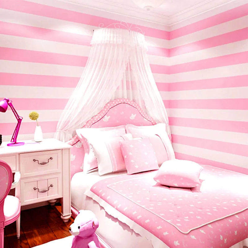 Contemporary and contracted Korean striped wallpaper Pink princess children room sweet girl room bedroom non-woven wallpaper