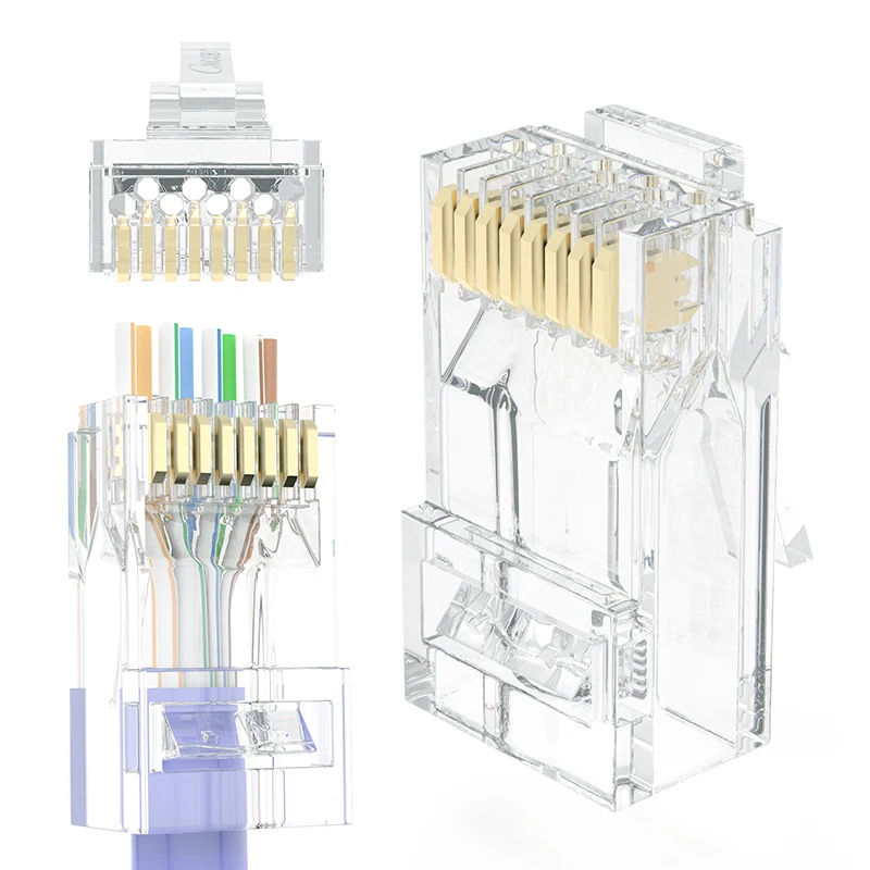 RJ45 Pass Through Connector, Cat6 / Cat5e Ends with Gold Plated, Ethernet Cable Crimp Connectors