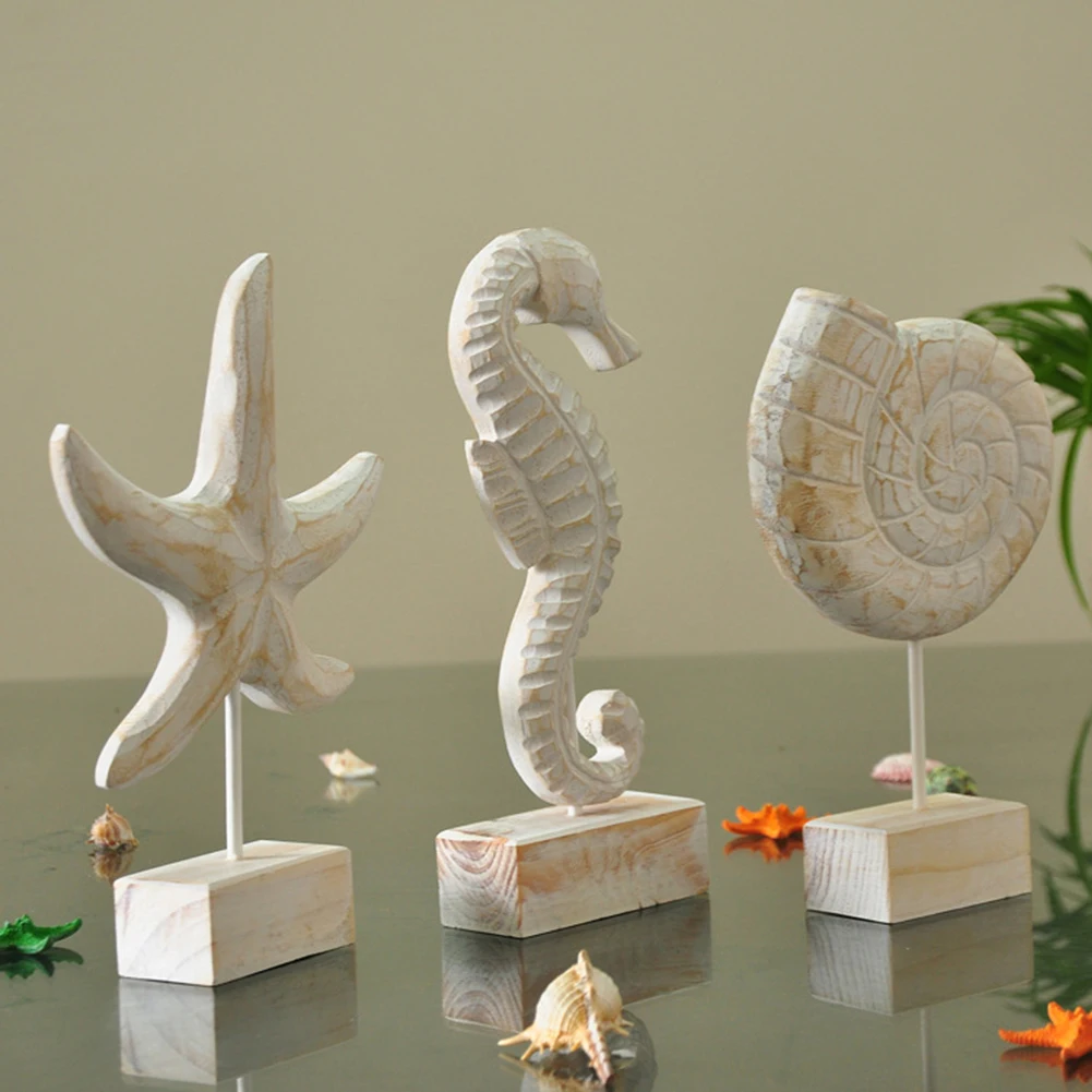 

Mediterranean Style Wood Crafts Starfish Conch Hippocampus Wood Carving Marine Garden Decoration Ornaments Home Decoration