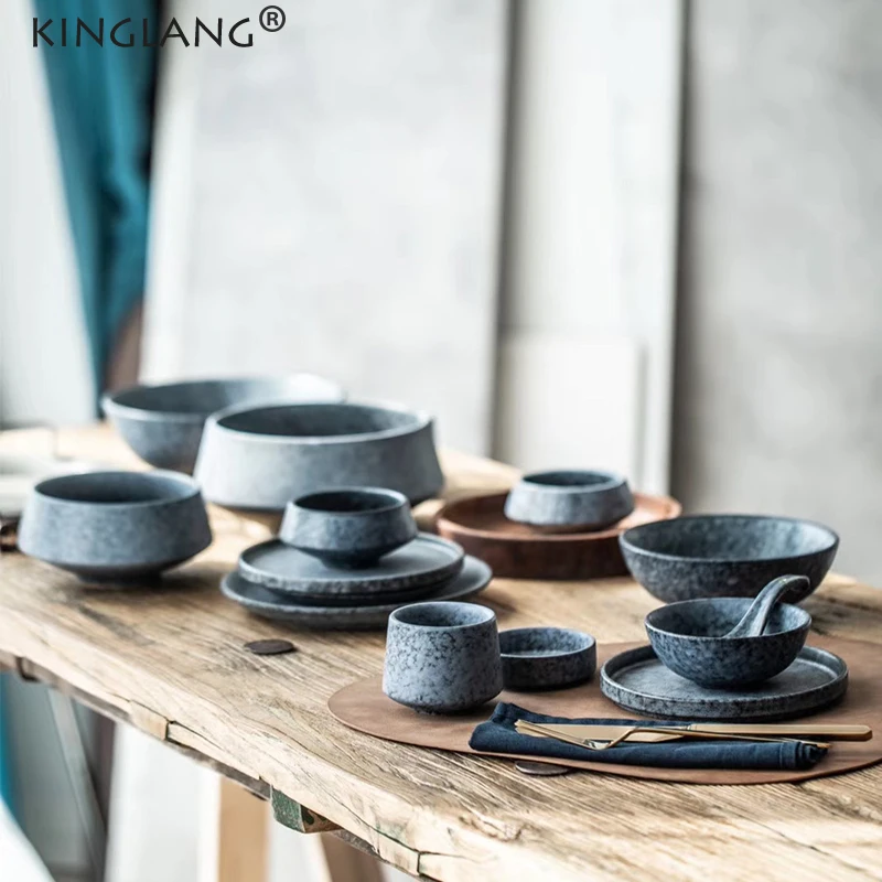 KINGLANG 1PCS Grey Ceramic Bowl Rice Plate Dish Cup Nordic Western Style Ceramic Tableware Set Marble Gray Porcelain Dishes