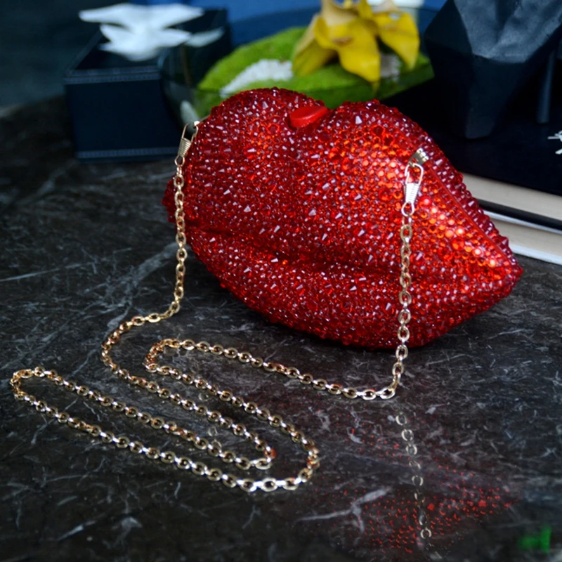 Ladies rhinestone bag lip-shaped evening clutch bag messenger bag banquet handbag