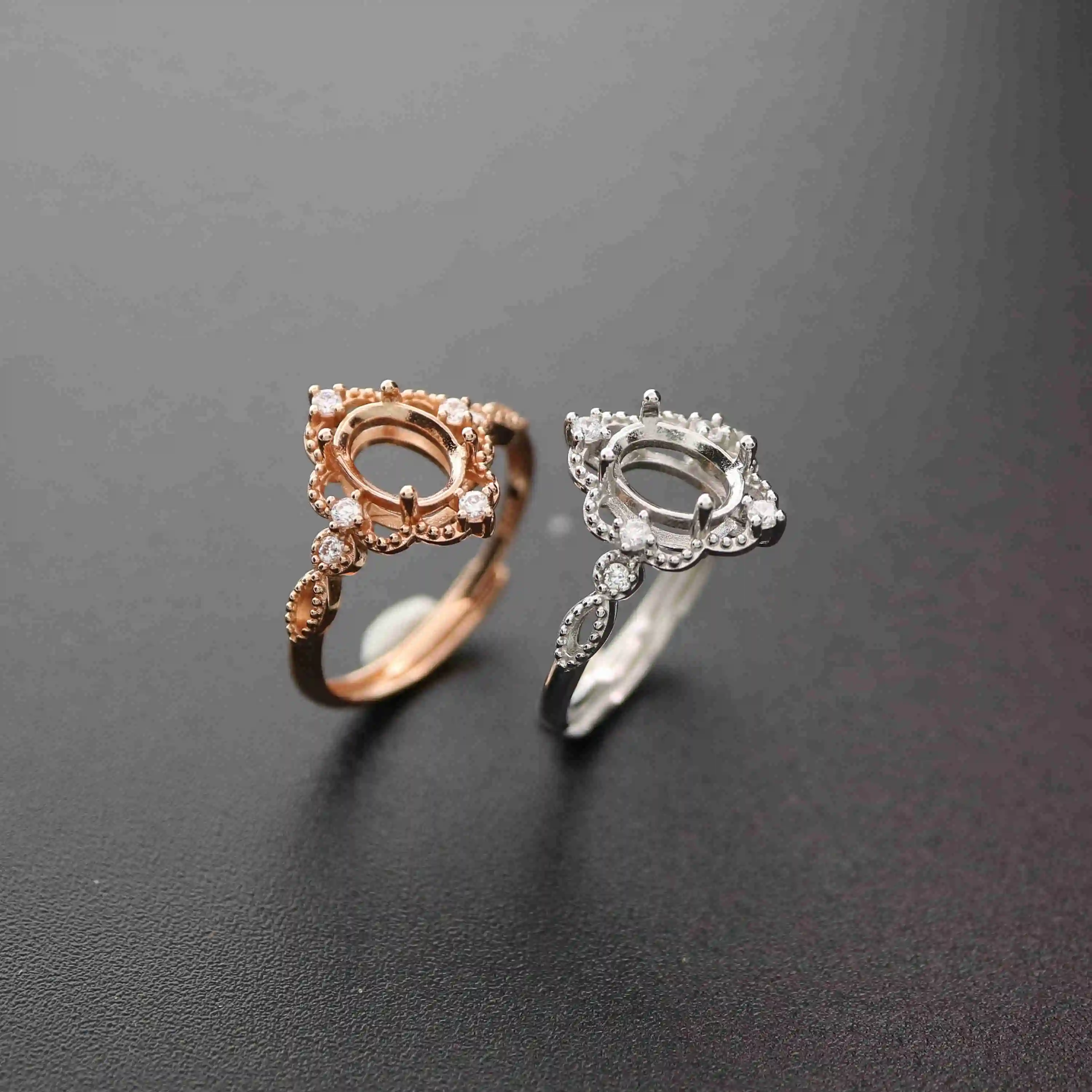 Multiple sizes oval rose gold silver Gems CZ stone prong bezel solid 925 sterling silver adjustable ring settings 1224009