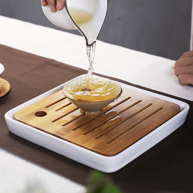 [GRANDNESS] 1 X Square Bamboo Flat Tea Table with White Ceramic Holder Serving Tray 21*21cm Ceramic Bamboo Tea Tray