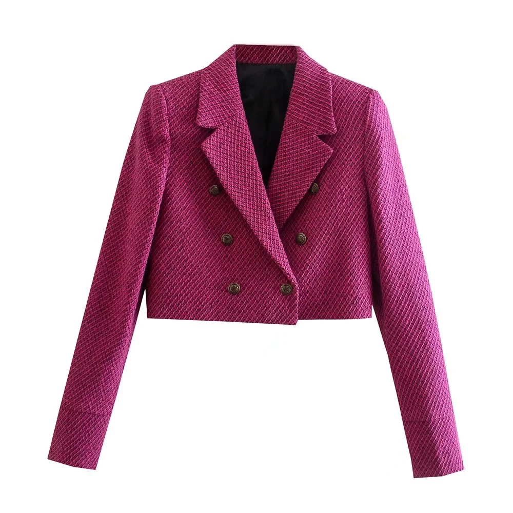 XEASY 2021 Tweed Women Vintage Rose Red Plaid Long Sleeve Office Lady Blazer Female Double Breasted Streetweaer Jacket Short Top