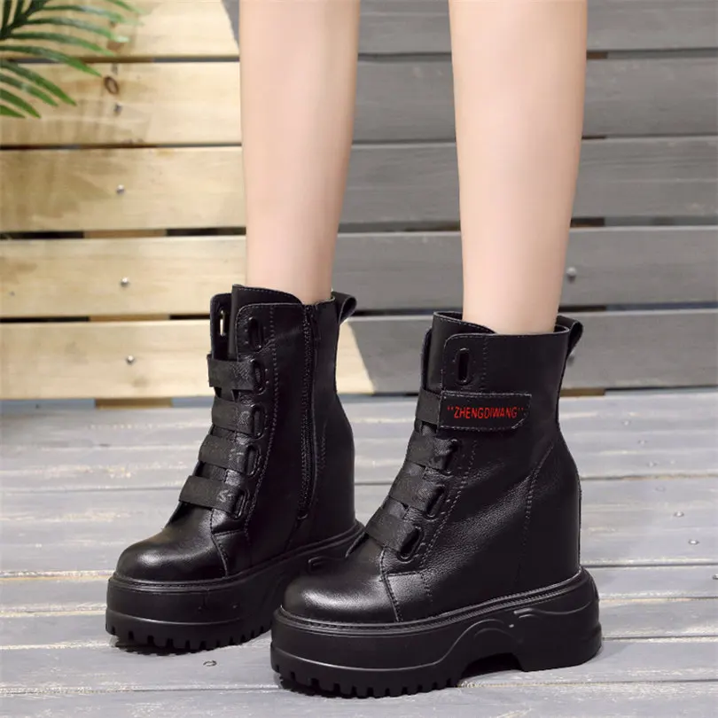 Fashion Sneakers Women Genuine Leather Chunky High Heels Motorcycle Boots Female High Top Round Toe Platform Wedges Pumps Shoes