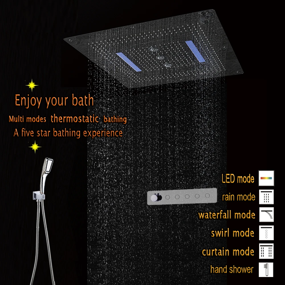 Thermostatic Shower System Kit with LED Shower Head Ceiling Large Flow Concealed Panel Bath Mixer Faucets with Push Button Metal