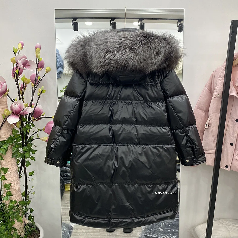 Winter Women New Glossy White Duck Down Jacket Loose Casual Warm Thick Coat Detachable Large Real Fur Collar Overcoat