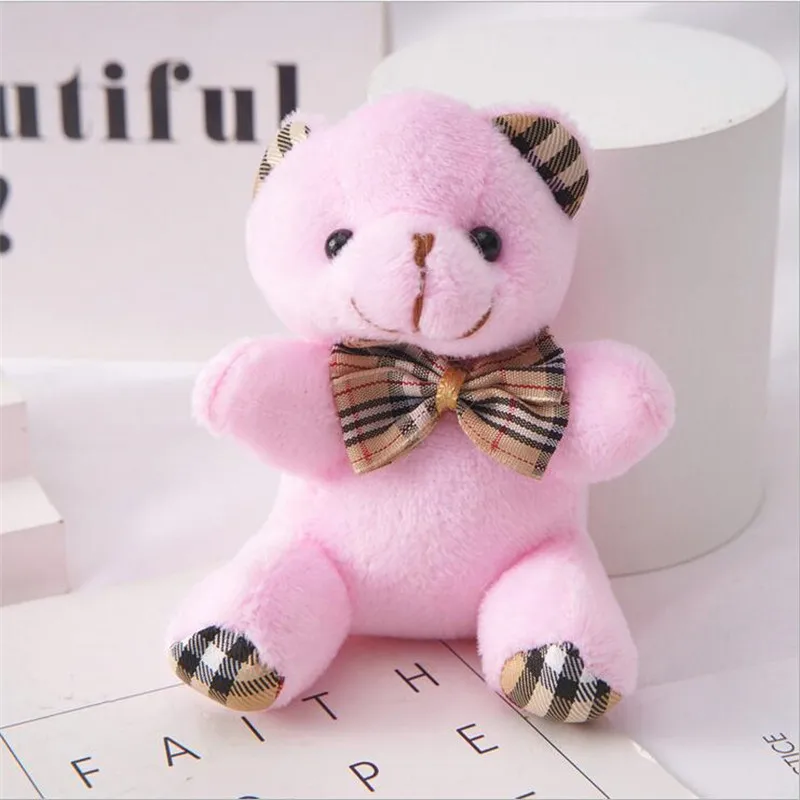 1PCS Mini Bow Tie Sitting Bear Plush Toy For Valentine's Day Bouquet Bear Car Keychain Pendant Cute Plaid Double Festival 10CM