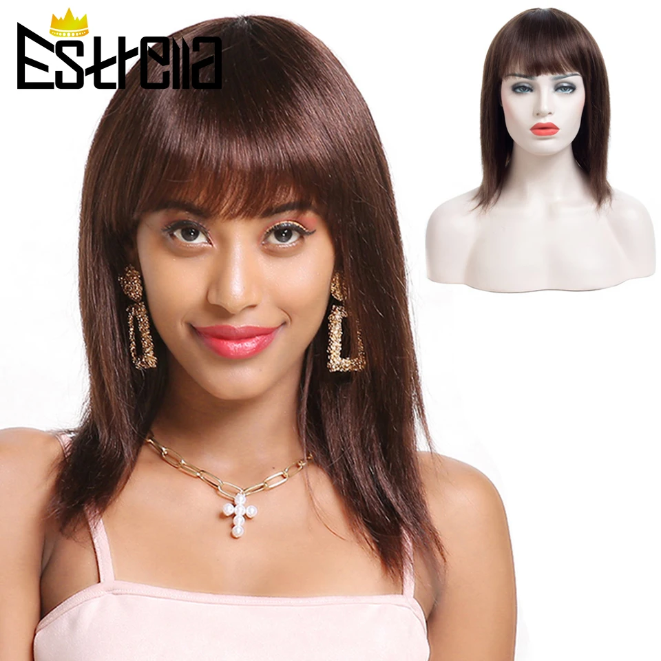 

Brown Straight Short Human Hair Wigs Brazilian Machine Made Wig Adjustable Bangs Natural Black Remy Hair Human Wigs ESTRELLA