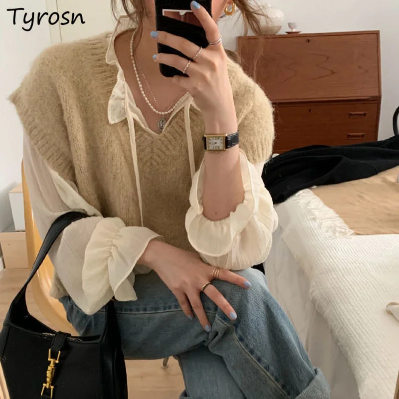 Sweater Vest Women Solid Sleeveless Fall Tops All-match Simple Korean Style Streetwear Loose Chic Daily Elegant Female Vintage