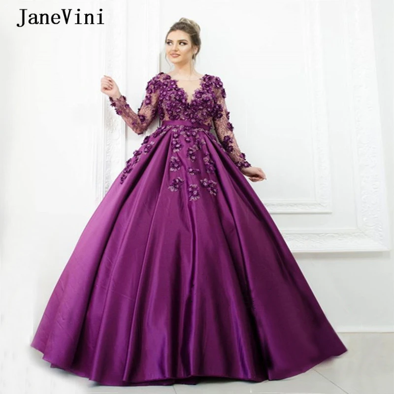 Janevini ゴージャスなパープルロングスリーブアラビア quinceanera のドレス夜会服スクープネック手作り花ビーズサテンフォーマルガウン