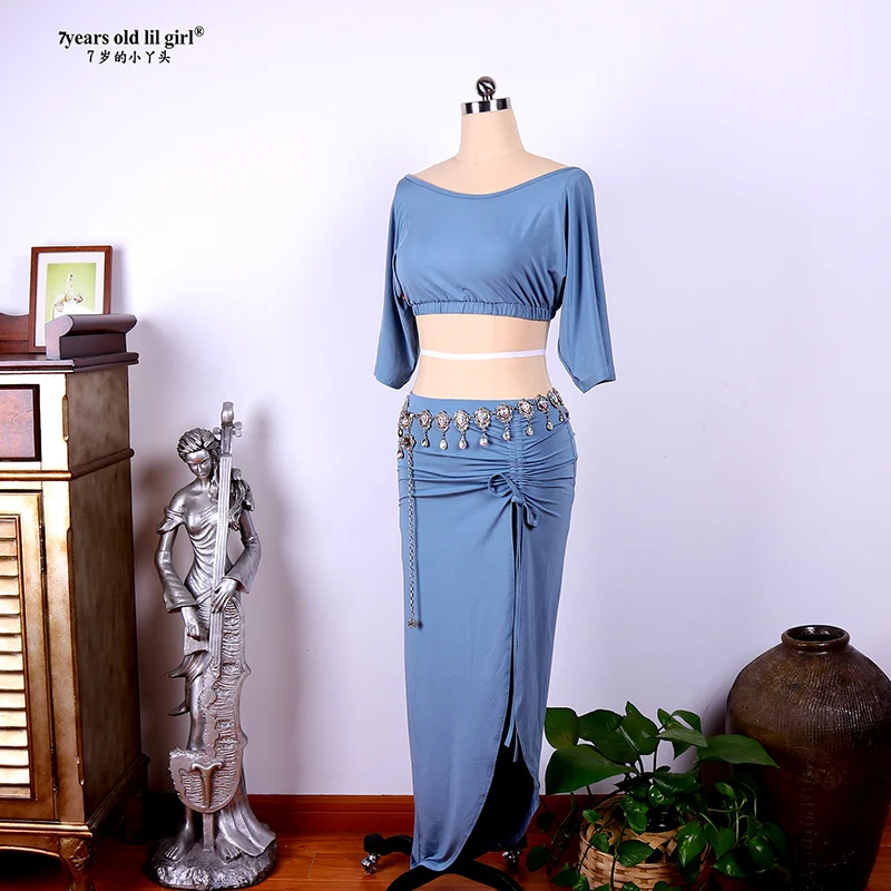 Novo feminino sexy modal rayon algodão mangas curtas + saia 2 pçs terno de prática de dança do ventre para conjunto superior gkk04