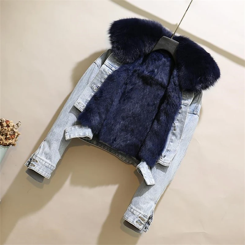 Fashion Denim Overalls Parkas Women Winter Real Fox Fur Collar Rabbit Fur Liner Warm Loose Short Washed Distressed Jacket Female