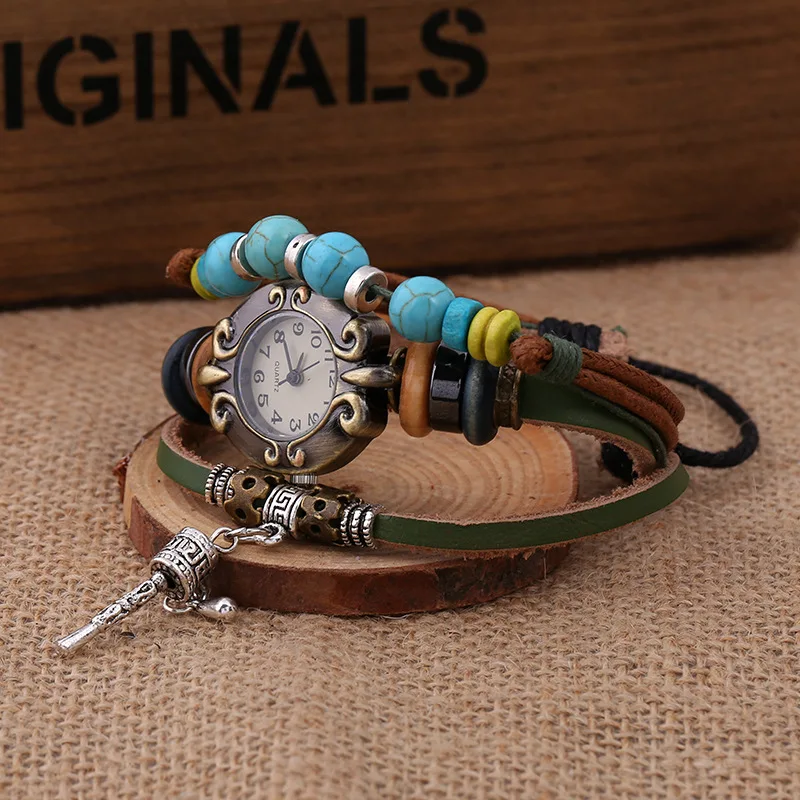 Jessingshow 2021 Women Casual Vintage Multilayer Genuine Leather Bracelet Ladies Wrist Watch Handmade Braided Watches