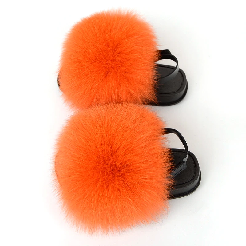 Kids Fur Slippers Fluffy Raccoon Fur Slides Fluffy Real Fox Fur Flip Flops Children\'s Lacing Open-toe Sandals Cute Rainbow Shoes