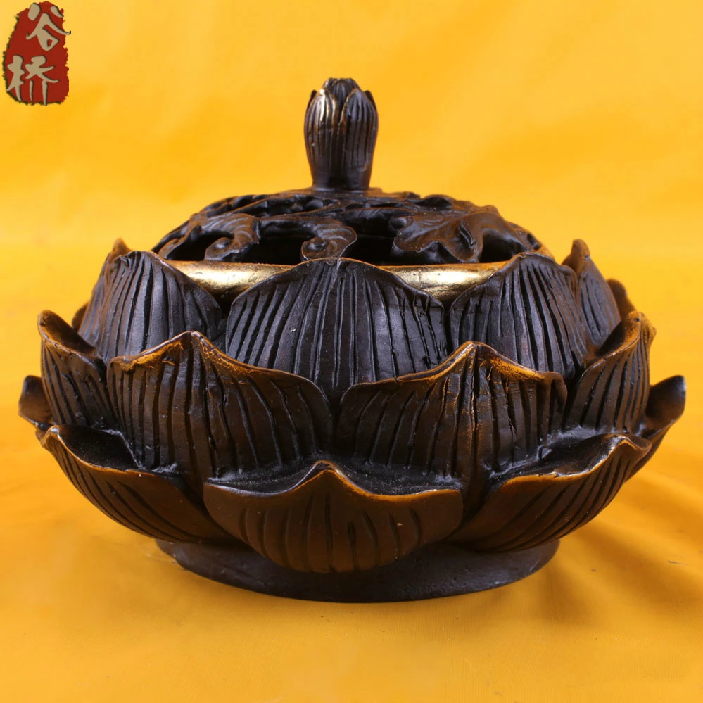 

12CM Bronze sculpture, lucky aromatherapy furnace buddha with supplies copper lotus incense burner crafts decoration