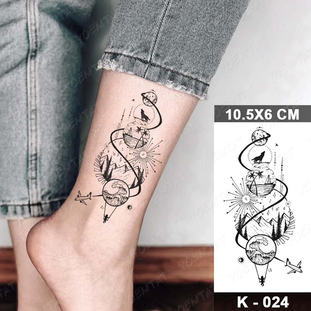 Waterproof Temporary Tattoo Sticker Wolf Planet Flash Tatoo Sky Mountain Forest Arm Wrist Fake Tatto For Body Art Women Men