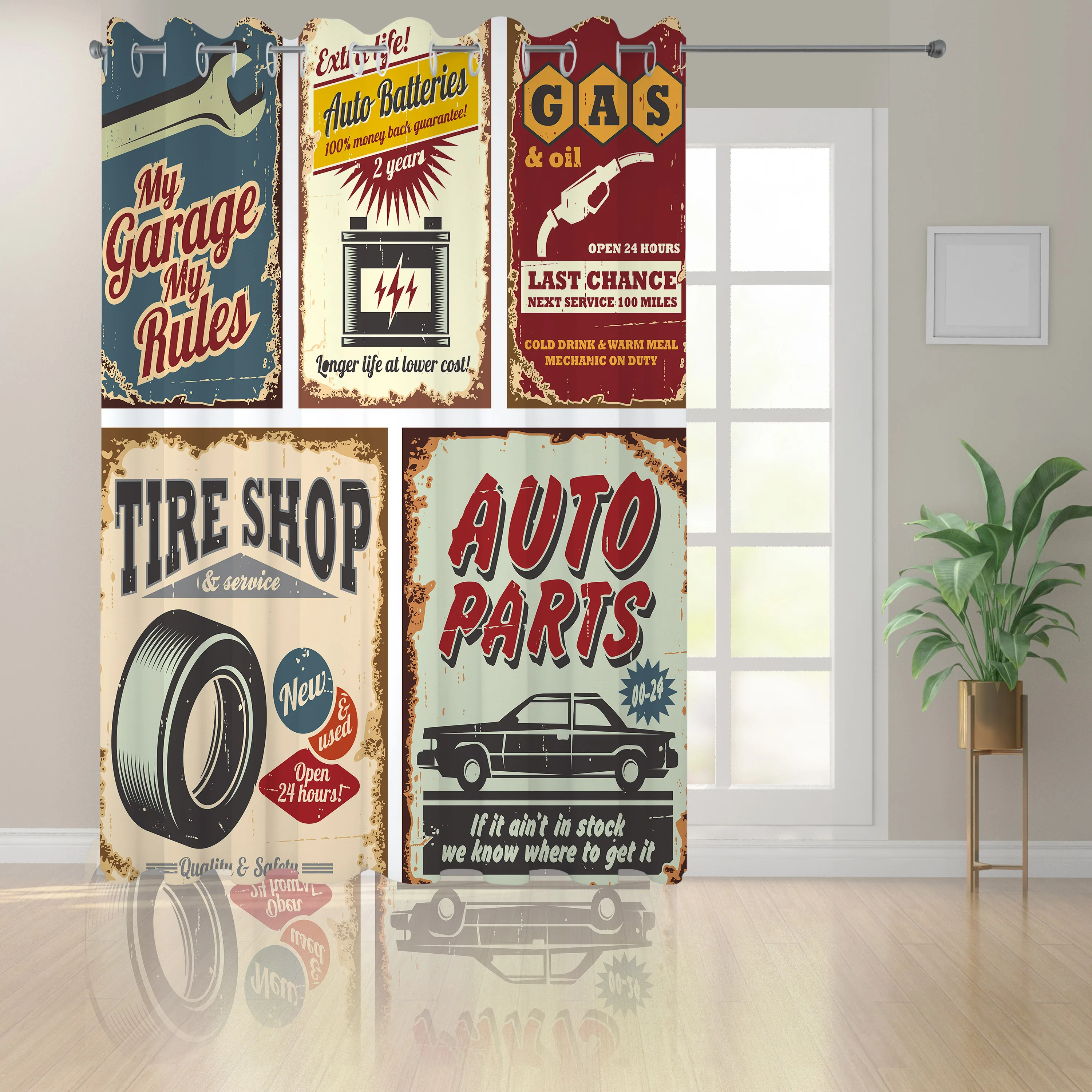 1950s Window Curtains Vintage Car Signs Automobile Advertising Repair Vehicle Garage Classics Servicing Living Room Decor