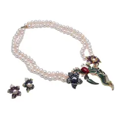 2 Rows White Freshwater Pearl Necklace CZ Pave Annimal Flower Pendant Earrings Sets