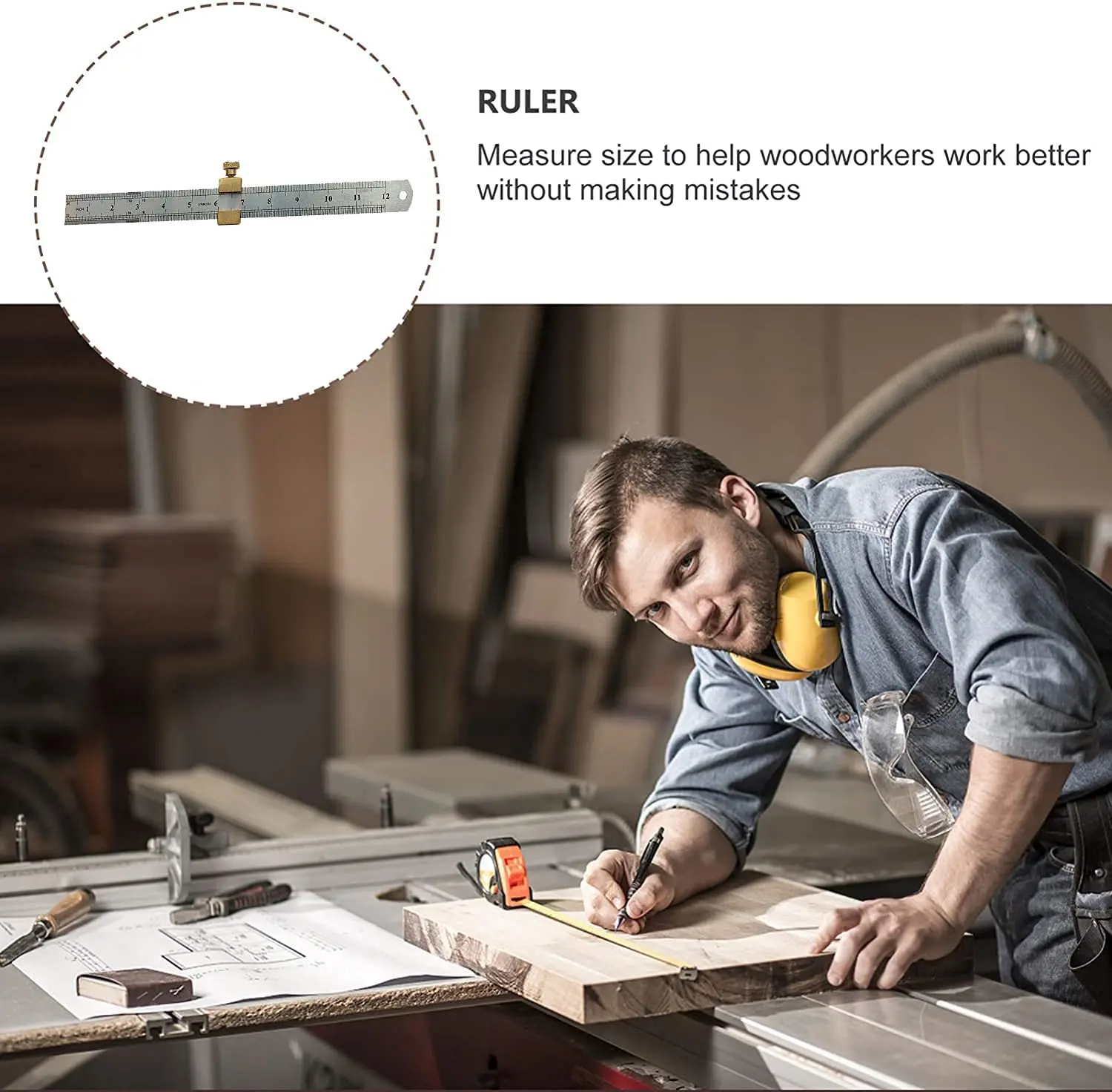 Steel Ruler Positioning Brass Limit Block DIY Carpentry Scriber Measuring Tools Suitable for School Office Engineering Woodwork