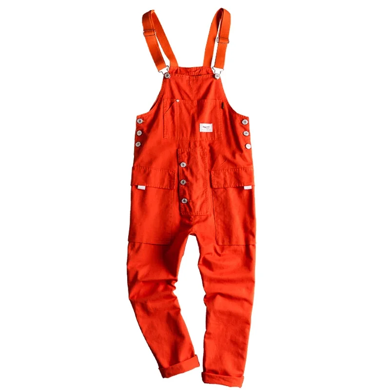 Fashion Men Jumpsuit Bib Pants Solid Color Joggers Pockets Streetwear Loose Cotton Straps Suspender Men\'s Cargo Overalls Rompers