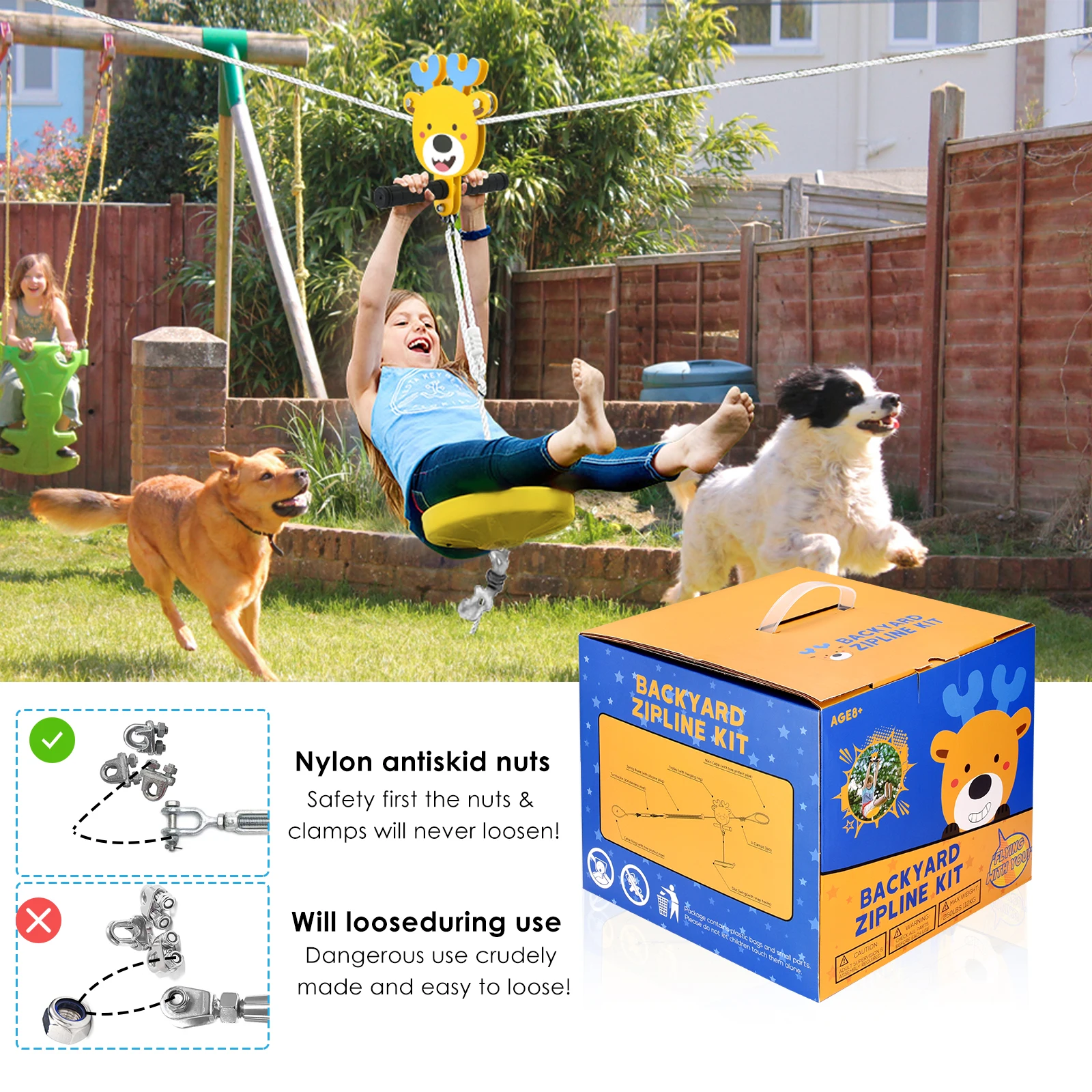 Heavy Duty Compound Galvanized Steels Cable Zip Line Kit With Stainless Steel Spring Brake Backyard Zipline For Kid 80/100/120FT