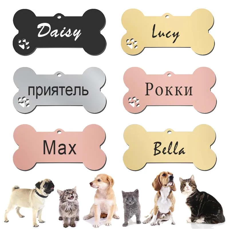 Pet Collar Personalized ID Tag Engraved Name for Dog Cat Puppy Keyring Charm Pendant Bone Necklace Accessories