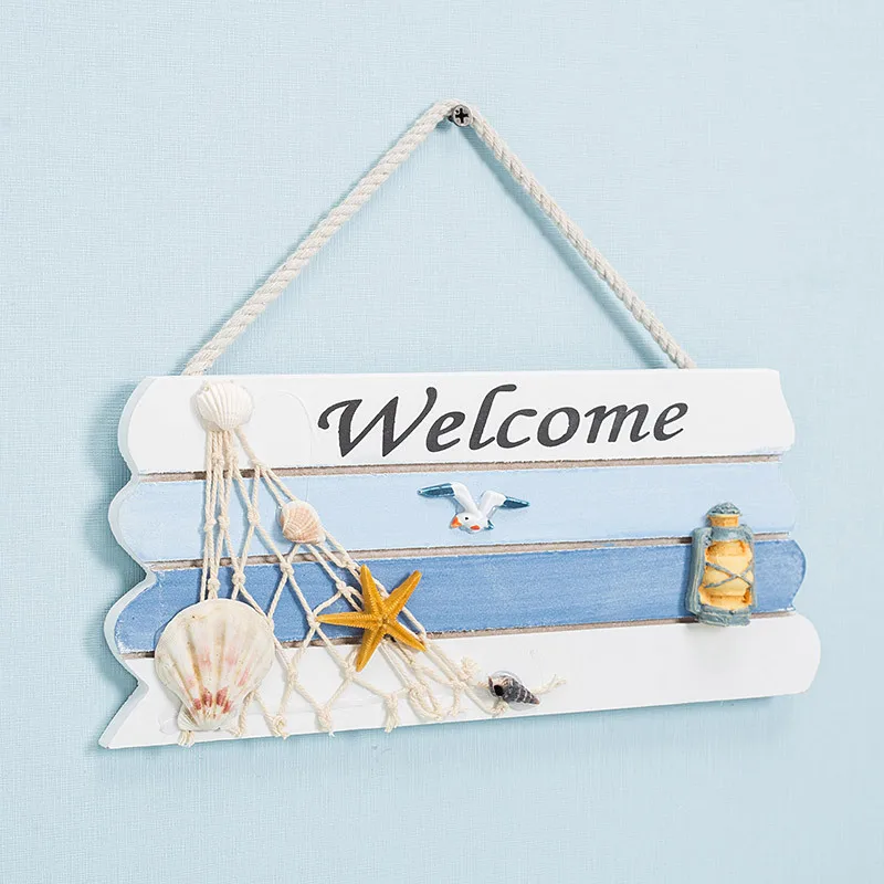 Ocean Style Wooden Hanging Welcome Board Door Sign Plate Pendant Handicraft Gifts Home Coffee Shop Decoration Photo Wall Decor