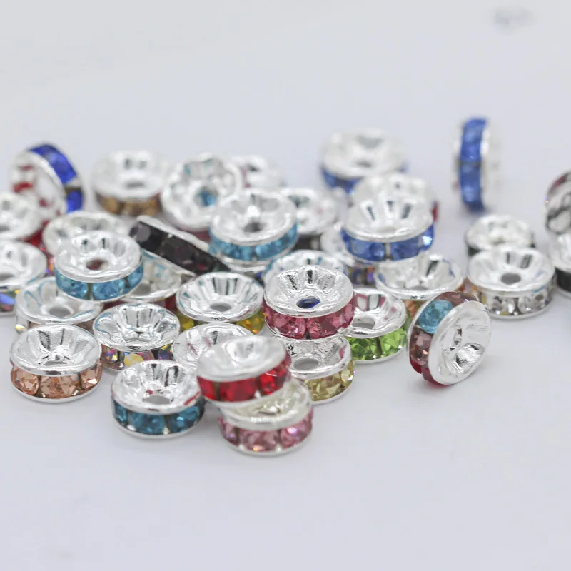 100pcs Multi-colors 6mm 8mm silver plated Metal Czech Crystal Rhinestones Rondelle Spacer Beads for DIY Beading jewellery making