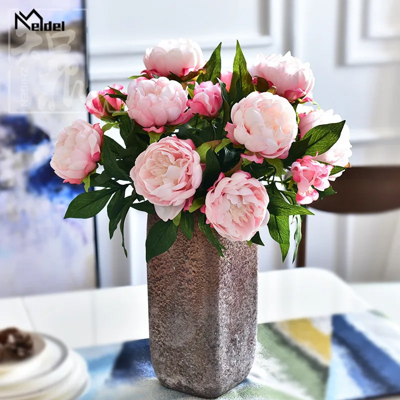 Flores artificiales de peonías de 3 cabezas, diseño de escena de boda, flores de peonía de seda, sala de estar, escritorio, decoración del hogar, accesorios de flores falsas