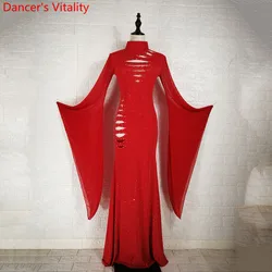 Winter Belly Dance Group Practice Clothes Diamond Cut out Long Sleeve Robe Drum Oriental Indian Dancing Performance Stage Wear