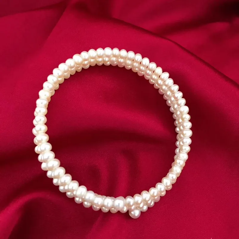 

Free shipping popularwomen wedding three row high luster natural white genuine pearl stretch open adjustable size brac gift girl