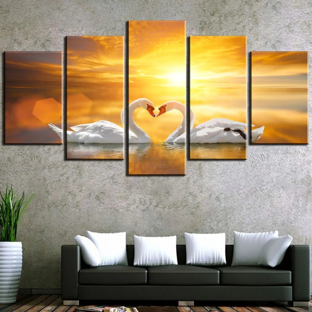 Canvas Painting HD Print Large 5 Panel Love Way Swan Pictures on Posters Wall Art For Living Room Home Decorations Accessories