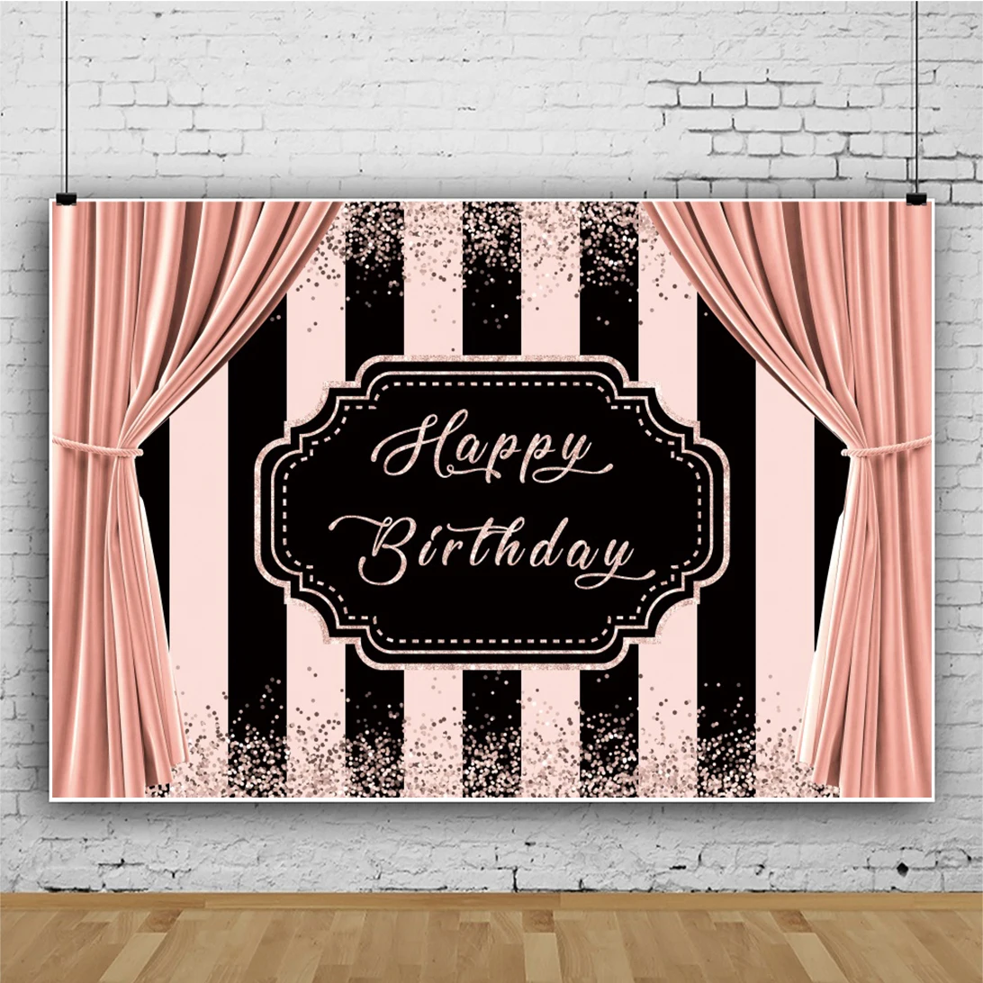 Laeacco Pink Curtain Black Stripe Happy Birthday Paty Banner Backdrop Glitters Photocall For Photo Studio Photography Background