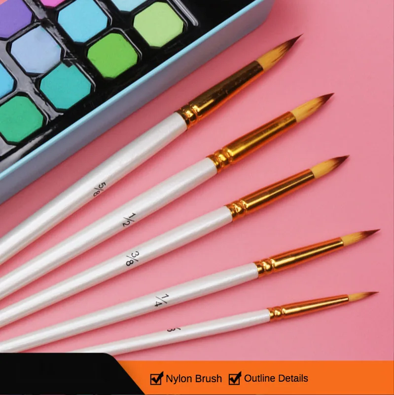 Two-color nylon hair round head paint brush white short wood rod gouache oil brush set 5pcs wercolor Brush painting supplies