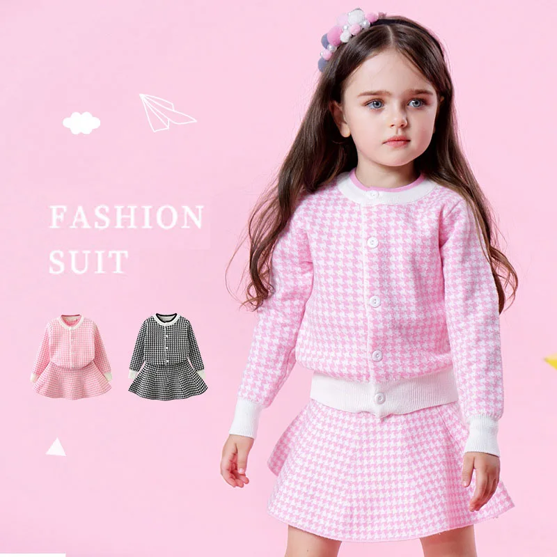 Autunno ragazze moda Set lavorato a maglia 2021 nuovo stile coreano abbigliamento a maniche lunghe maglione per bambini Cardigan + gonna Set di due