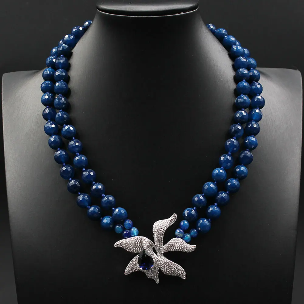 GuaiGuai Jewelry 19\'\' 2 Rows Natural Blue Agate Necklace CZ Flower Pendant For Women