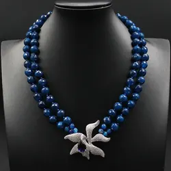 GuaiGuai Jewelry 19'' 2 Rows Natural Blue Agate Necklace CZ Flower Pendant For Women