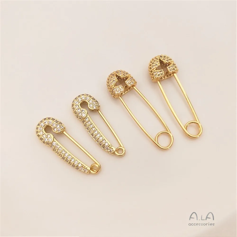 18K Gold Color Micro-set zircon back-shaped brooch hand-made earpin, diy first accessory connecting buckle