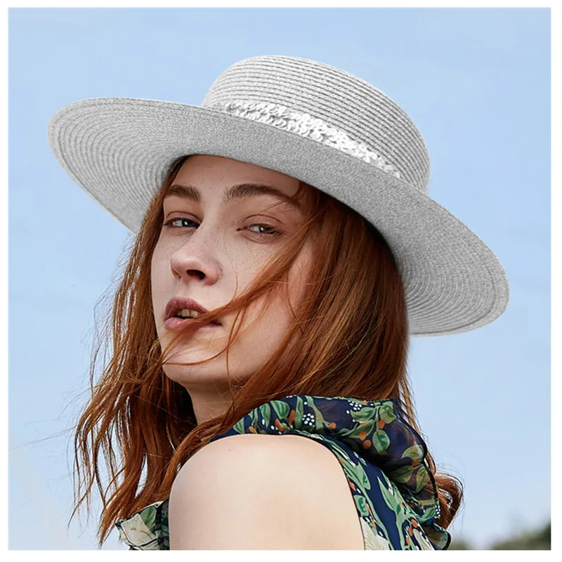 

Women Straw Sun Classic Silver sequins Beach Hat Wide Brim Panama Men UV Protection Cap chapeau femme 2021