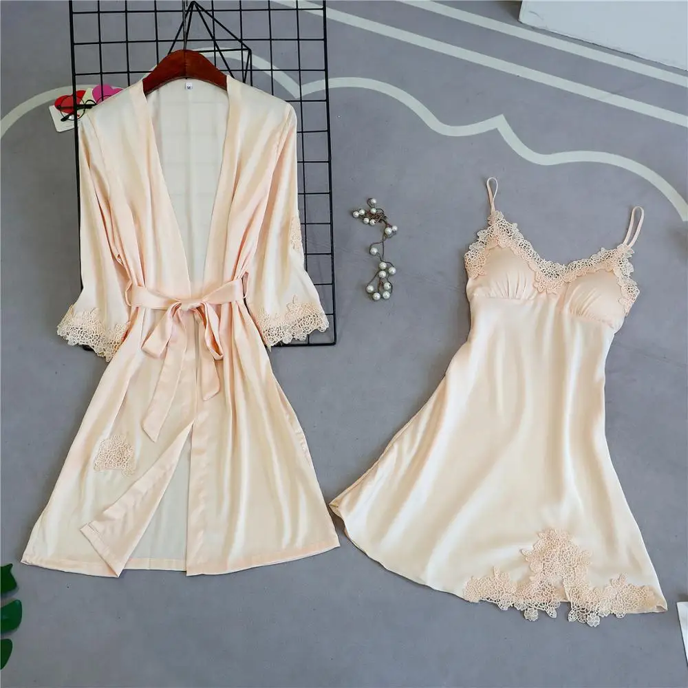 Robe Gown Sets Women Summer Lace Silk Dress Leisure Elegant 2pcs Sleep Lounge Robe Sleepwear Womens Nightdress Soft Bathrobe New