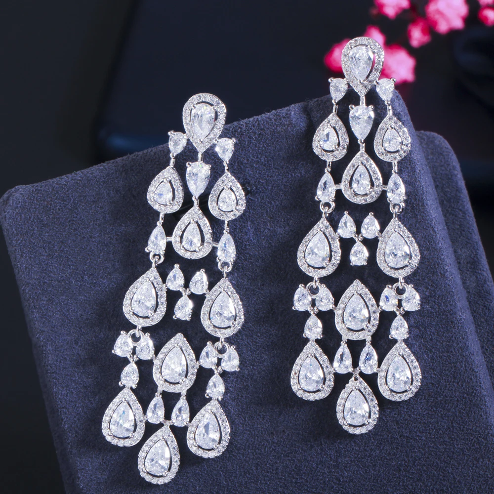 ThreeGraces Vintage Long Tassel Chandelier Drop Dangle Bridal Wedding Earrings for Ladies Sparkling CZ Crystal Jewelry ER531