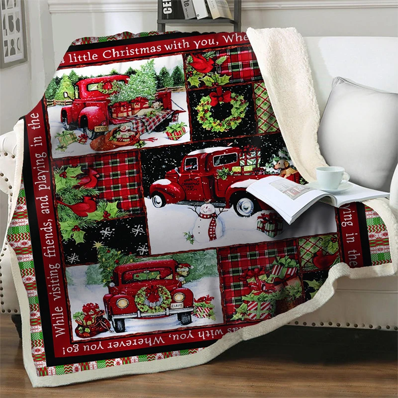 

3D Red Truck Soft Flannel Fleece Blanket Merry Christmas Home Sherpa Nap Blanket On Beds Sofa Adults Kids Gift Fur Throw Blanket