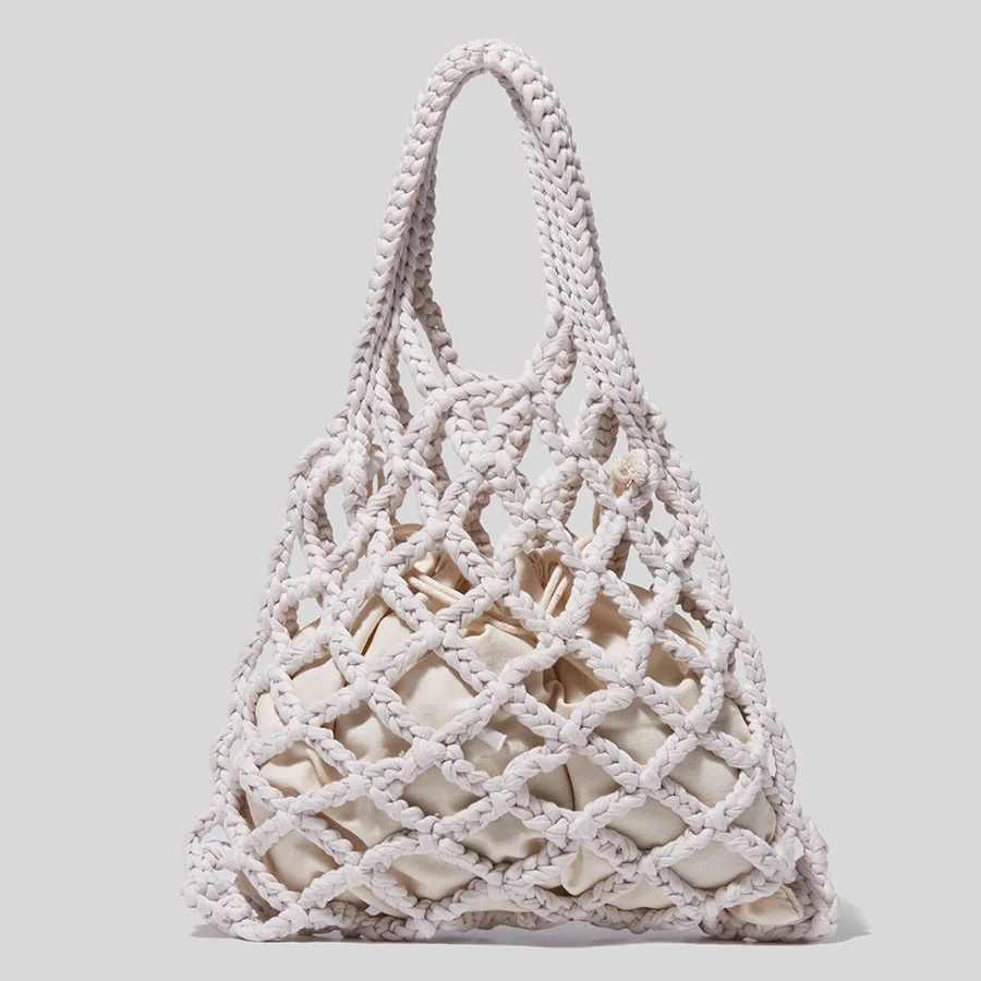 Designer Braided crochet net bag Women Casual summer woven beach bucket tote bag purse green khaki black color 2022 new