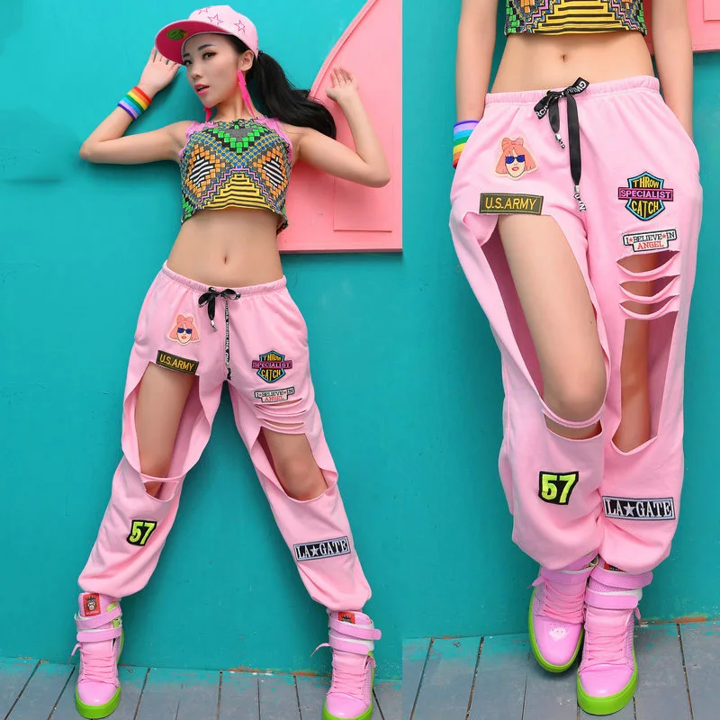 Jazz Dance Costumes Kids Fashion Cute Hole Pants Girls Hip Hop Clothing Women Stage Rave Outfit Trousers Street Dancewear DT1070