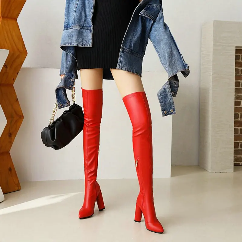 Sianie Tianie Sexy Stripper Heels Red Block High Heeled Womens Shoes Stretch Over-the-knee Boots Overknees Big Size 33 47 48 49