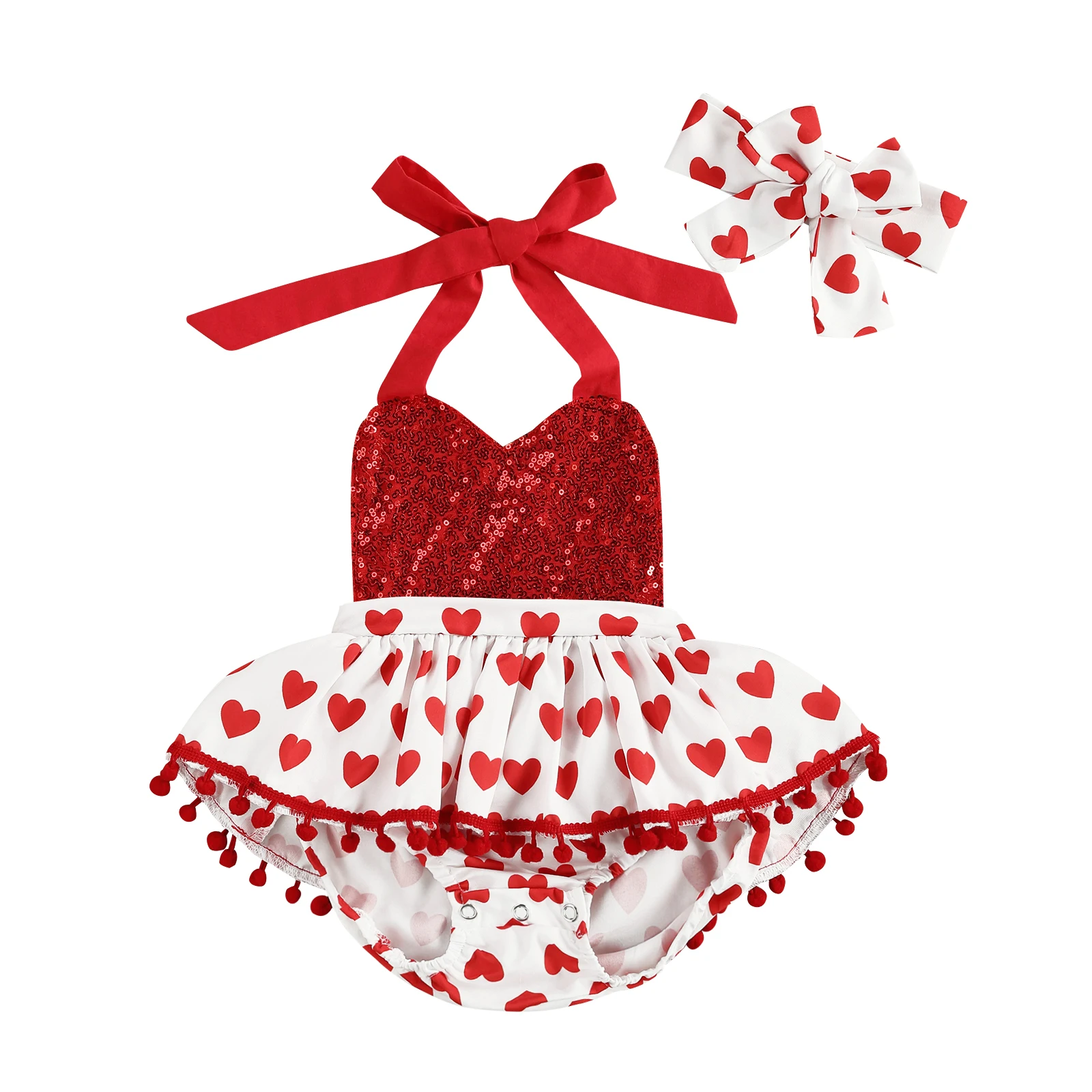 

2Pcs Newborn Baby Girl Valentine's Day Romper Dress Sleeveless Love Print V-Neck Sequin Halter Romper + Headband 0-24Months