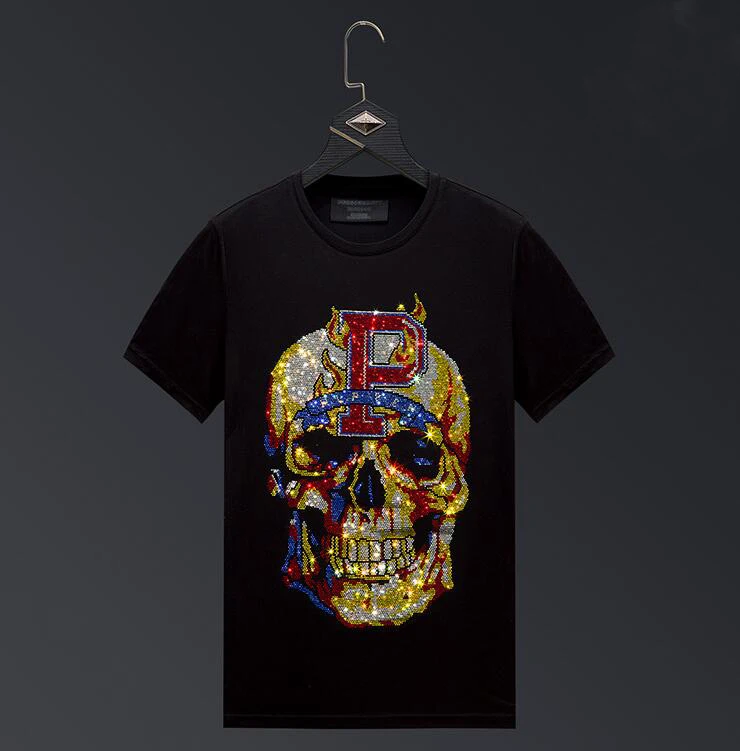 M-5XL Skull Rhinestones T Shirts Men Summer top tees O Neck Slim fit Tshirts high quality